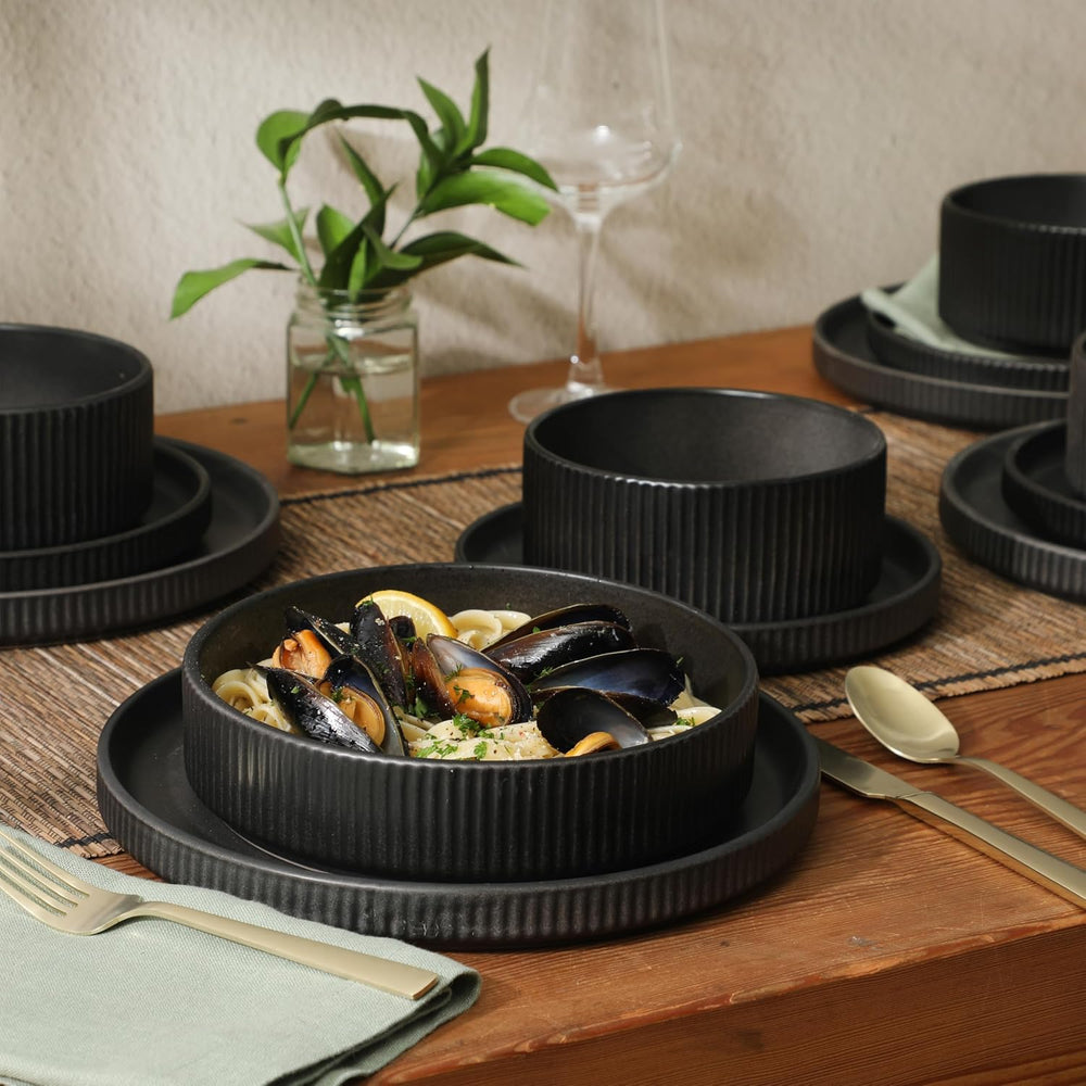 Gibson Elite Deerfield 16-Piece Stoneware Dinnerware Set – Matte Black Reacti...