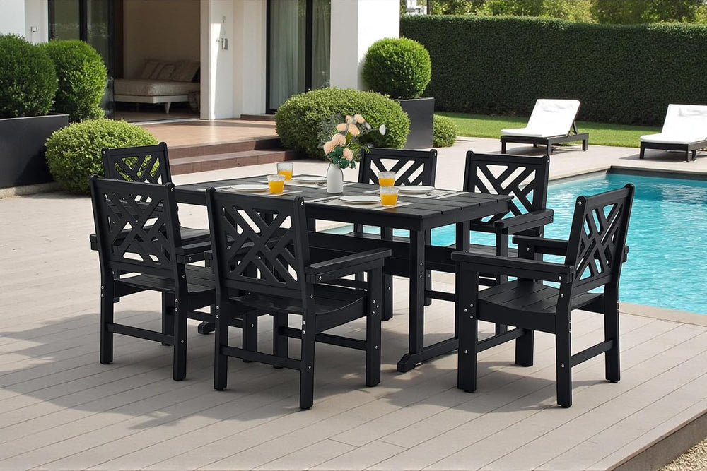 7 Piece HDPE Outdoor Dining Set for 6, Patio DHPE Furniture Set with Umberlla...