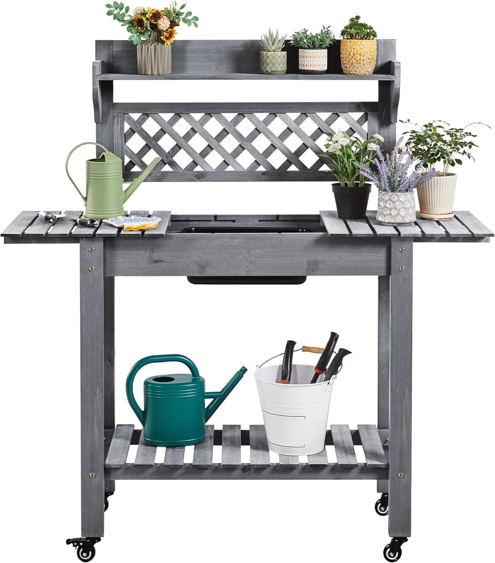 Yaheetech Outdoor Potting Bench with Sink, Garden Table, Lower Shelf,Gray