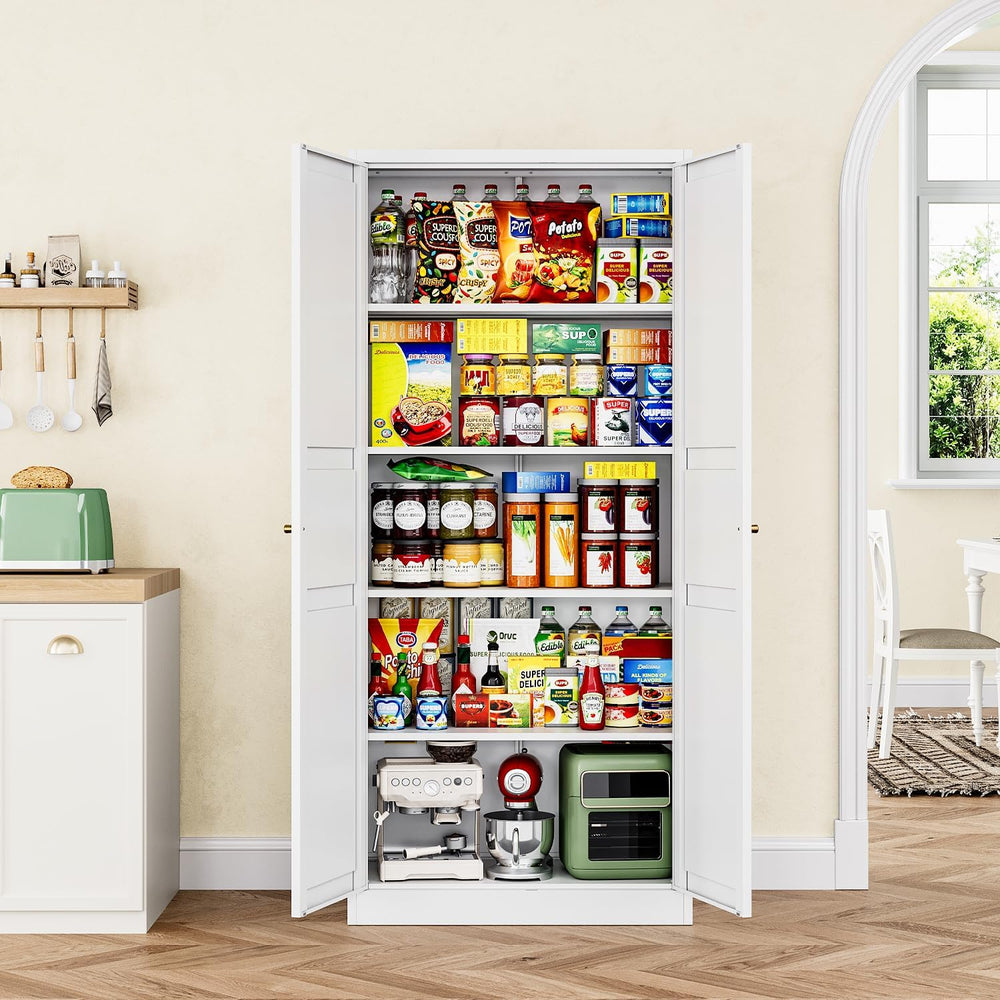 White Storage Cabinet with Adjustable Shelves-Metal Home Kitchen Pantry Cabin...