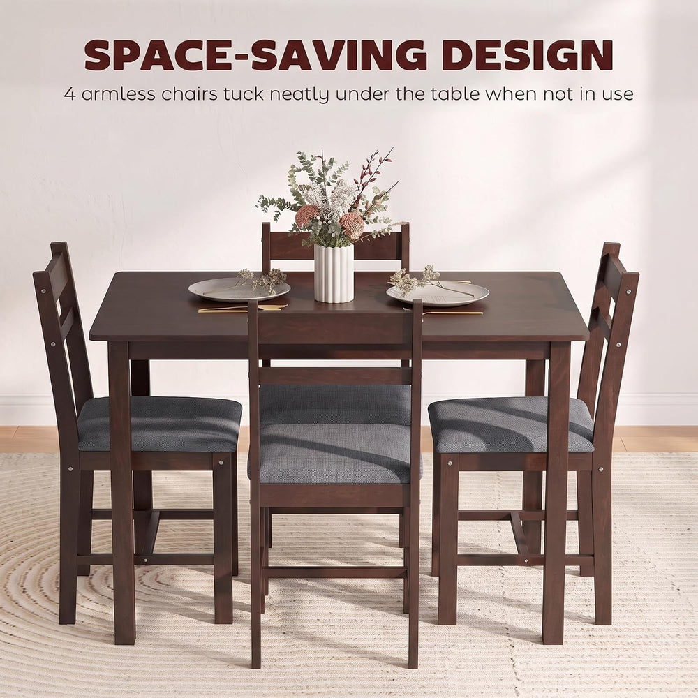 HOMCOM 5-Piece Solid Wood Dining Table Set for 4, Walnut and Gray