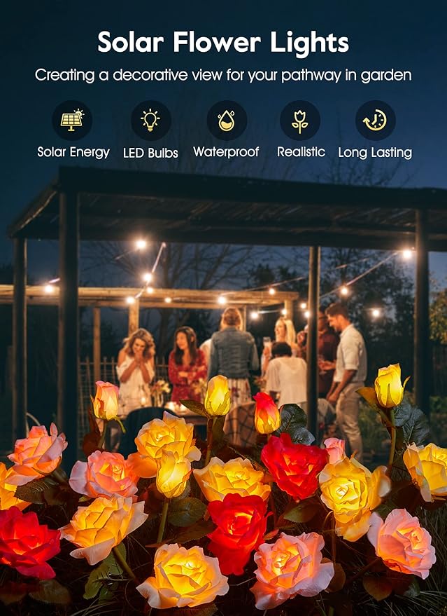 Brightown Outdoor Solar Garden Lights - 4 Pack LED Flower Lights with Realist...