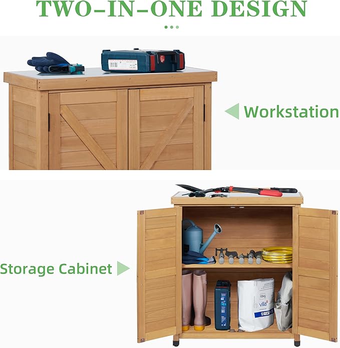 Outdoor Potting Bench with Storage Cabinet and Metal Top, Wood Workstation fo...