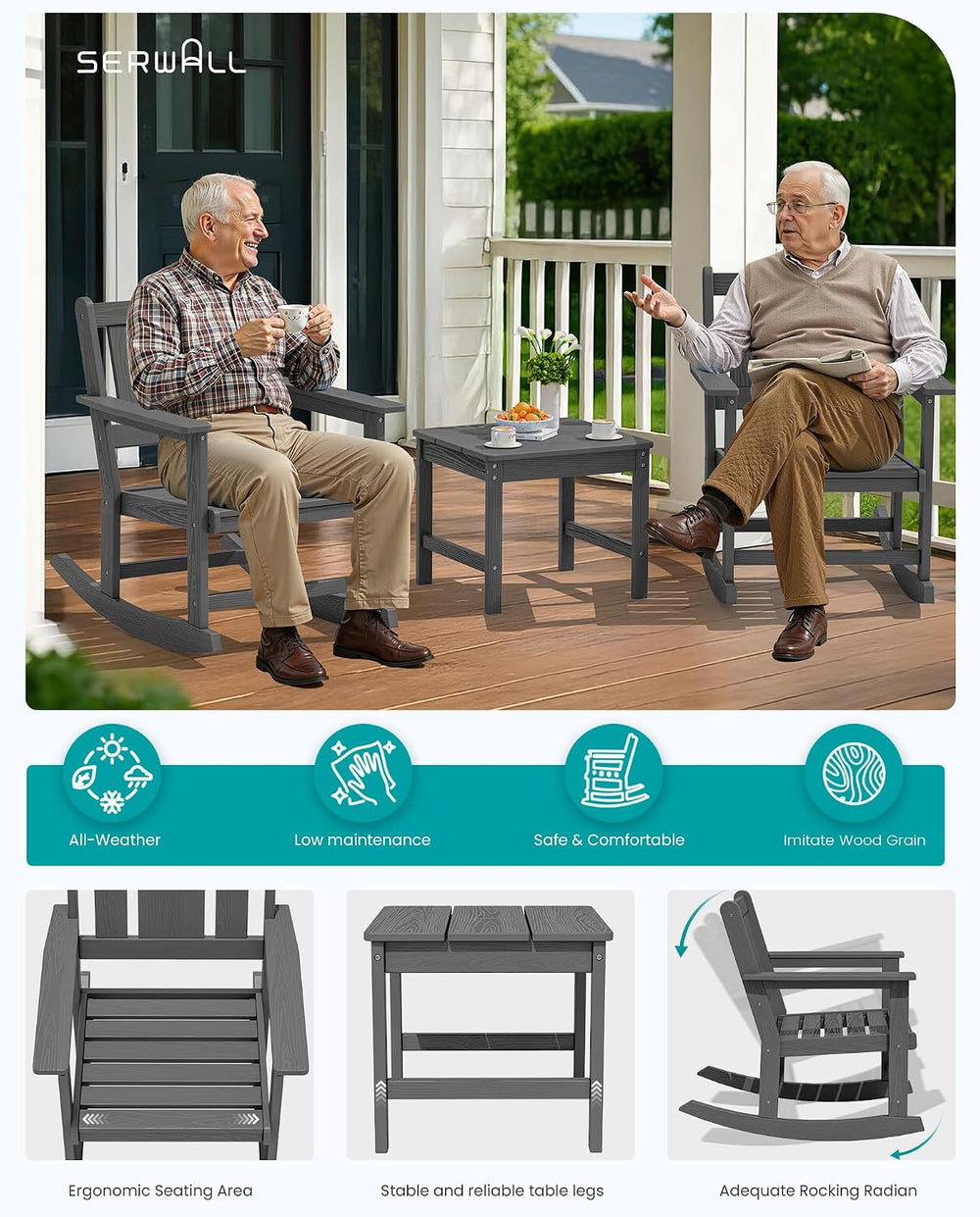 SERWALL 3-Piece Patio Furniture Set with 2 Rocking Chairs & Table, Grey