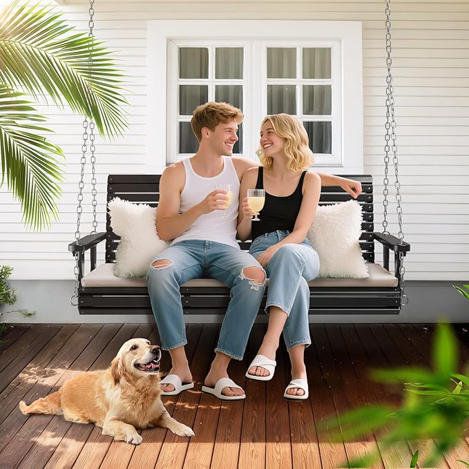 VINGLI Heavy Duty 880 LBS Patio Wooden Porch Swing Outdoor with Extra Cushion...
