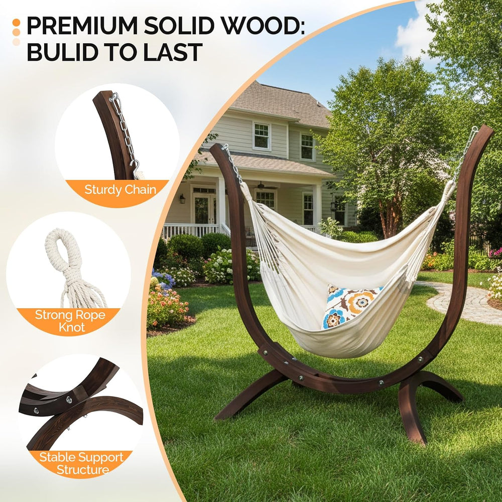 550 LBS Hand-Made Elegant Hammock Chair W/Stand, Premium Curved Wooden Hammoc...