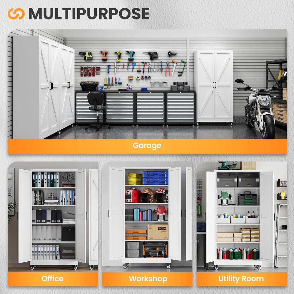 72" Tall Wheeled Garage Storage Cabinet, Rolling White Tool Cabinets.