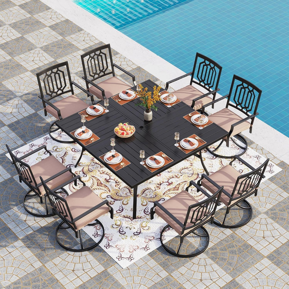 PHI VILLA 9 Pcs Outdoor Dining Set, 57.5" Metal Table&Swivel Chairs