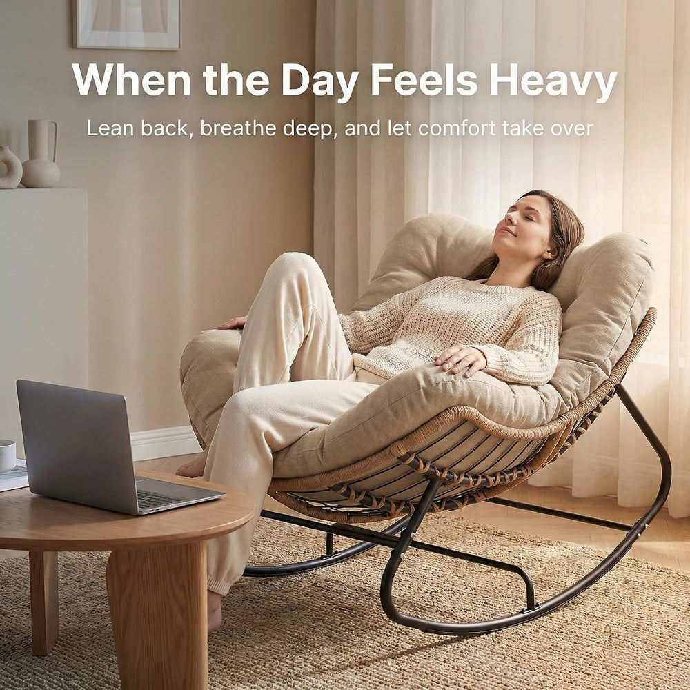 Papasan Outdoor Rocking Chair with Thick Cushion, Beige