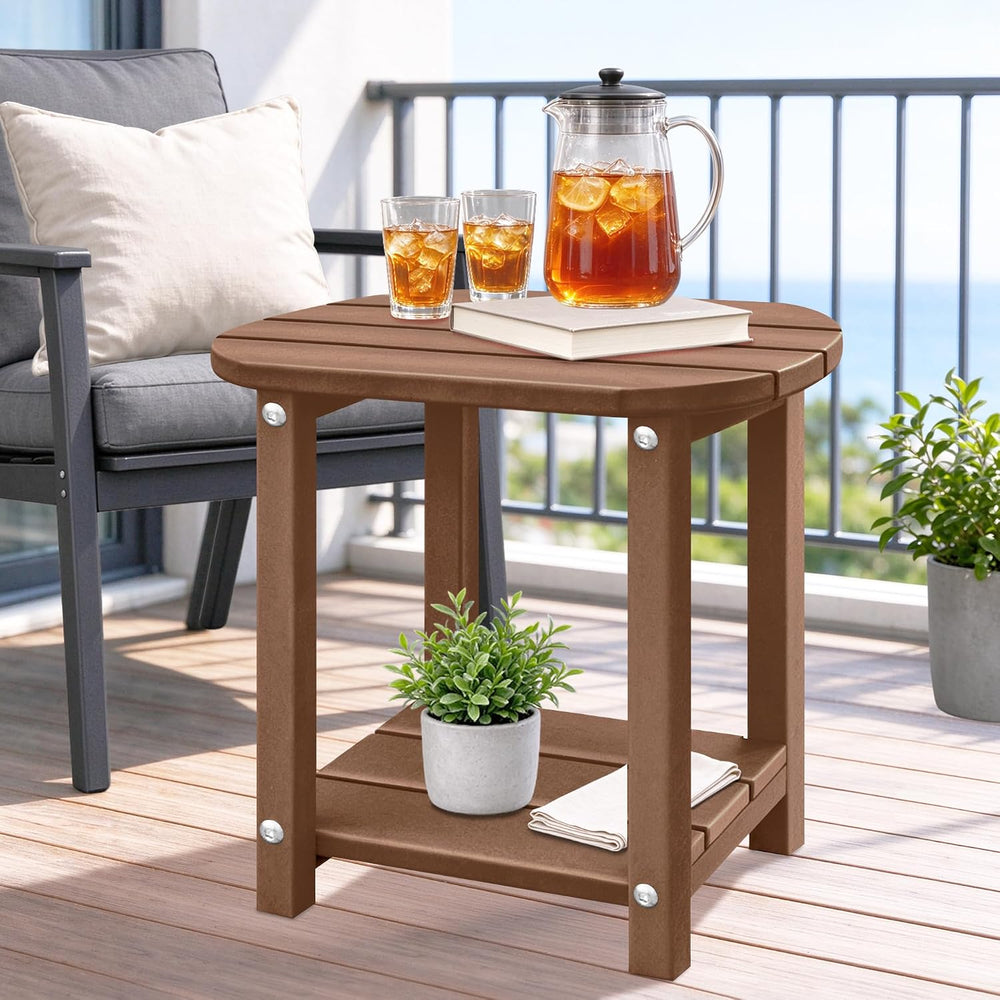 LZRS 2-Tier Patio Side Table, Heavy Duty HDPE Outdoor End Table with Wood Tex...
