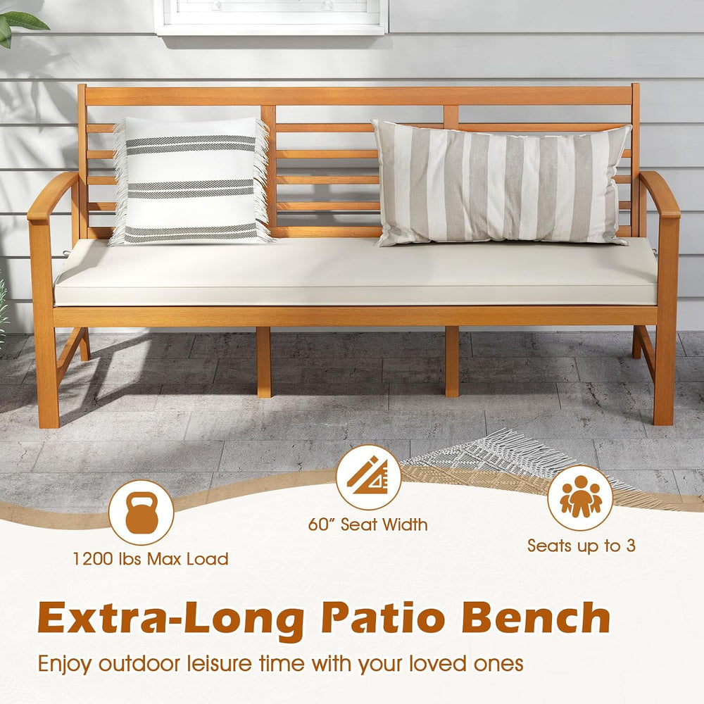 Tangkula 64 Inch Patio Acacia Wood Bench, 3-Seat Extra Long Chair with Cushio...