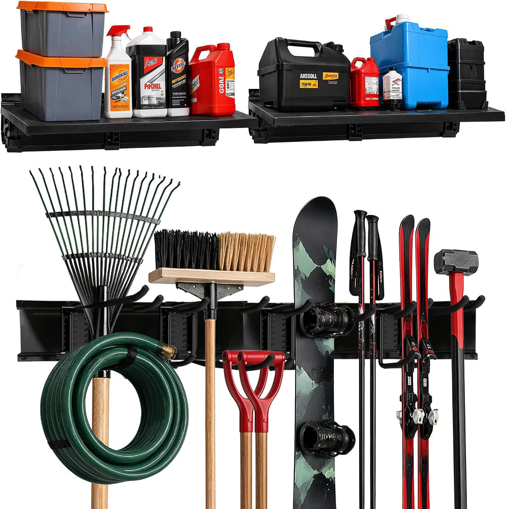 Garage Tool Organizer Wall Mount 96", 2 Shelves & 6 Double Hooks