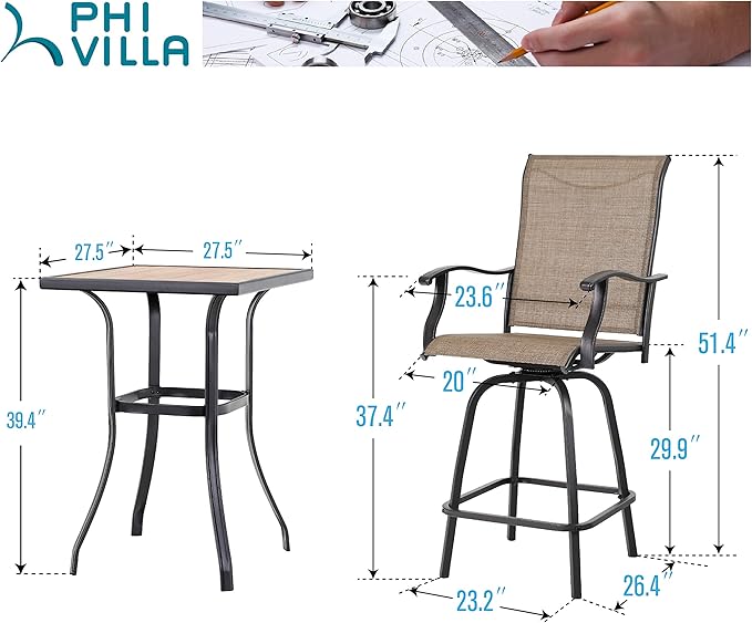 PHI VILLA 3 PCS Patio Swivel Bar Set Outdoor Furniture Bar Height Bistro Set,...