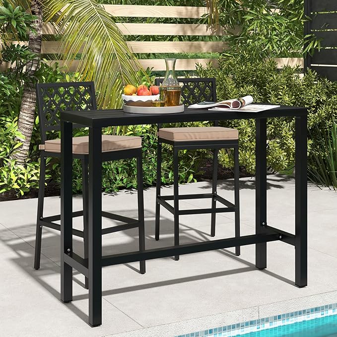 COSTWAY 3 Piece Outdoor Bar Table and Chairs Set, 48" Pub Height Bar Tab...