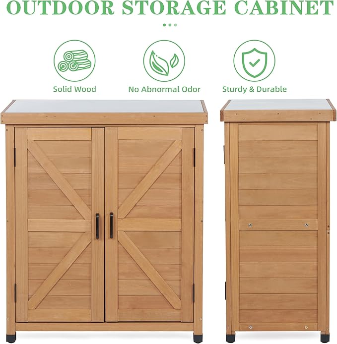 Outdoor Potting Bench with Storage Cabinet and Metal Top, Wood Workstation fo...