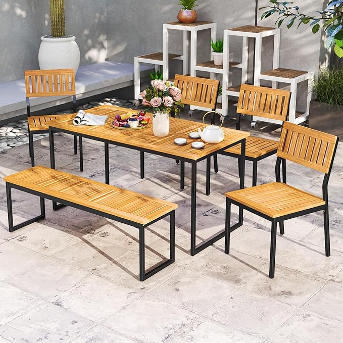 Tangkula 6 Pieces Outdoor Acacia Wood Dining Set, Patio Table and Chairs Set ...