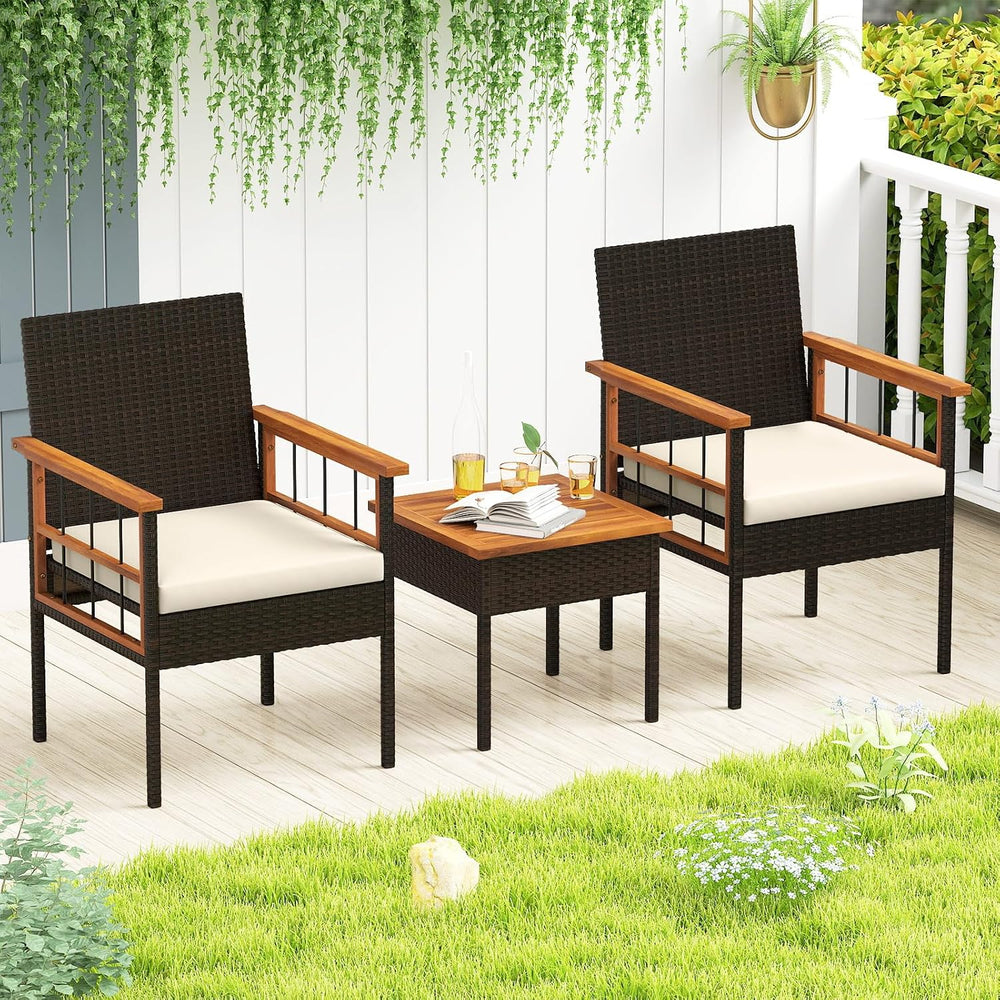 Tangkula 3 Piece Outdoor Wicker Conversation Furniture Set, Patio Rattan Cush...
