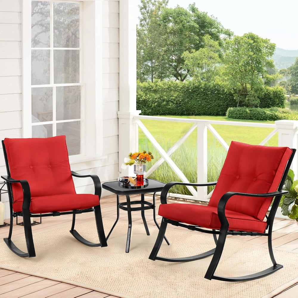 SOLAURA 3-Piece Outdoor Rocking Chairs Bistro Set, Black Iron Patio Furniture...