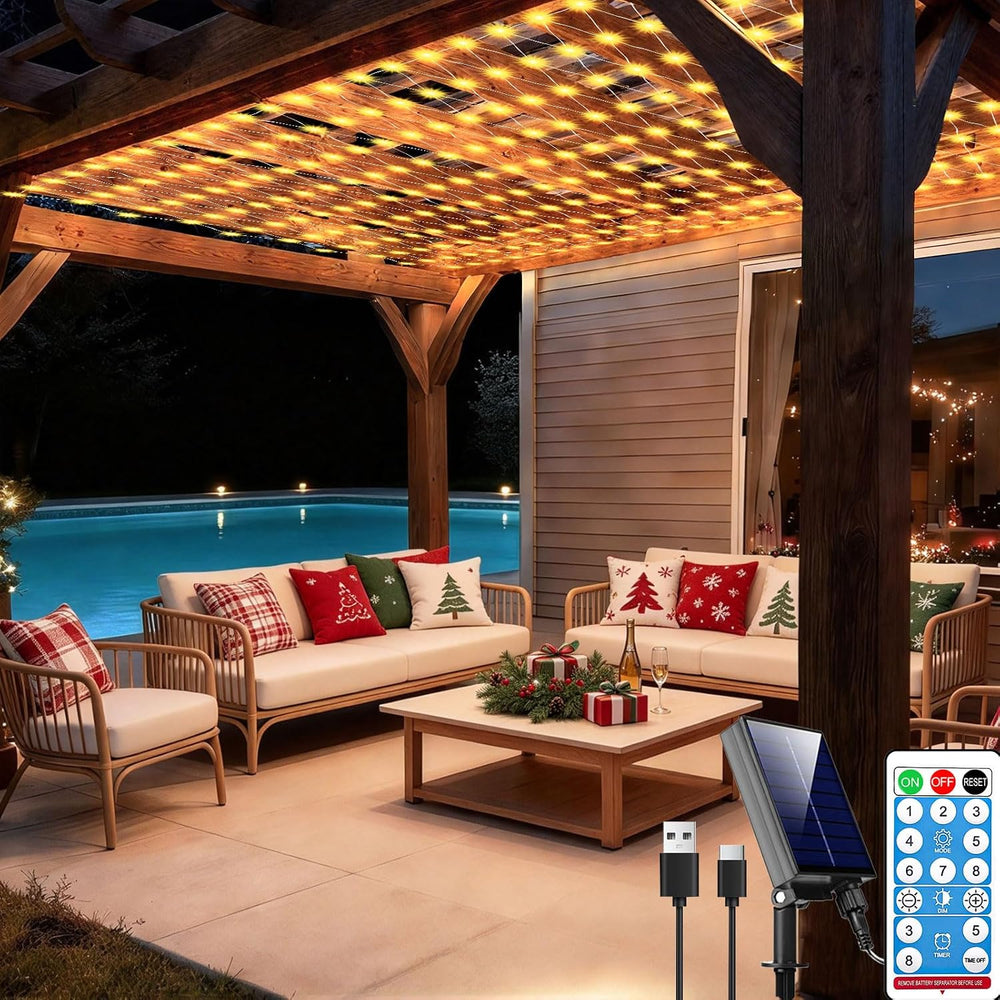 10ft x 10ft Solar Net Lights, 280LED Gazebo Mesh Lights Solar & USB Power...