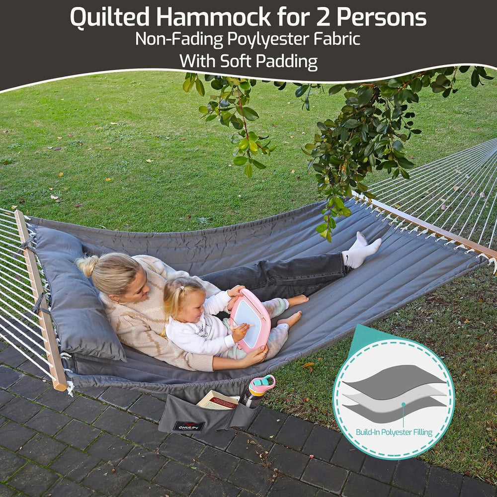 CHULIM Double Quilted Hammock with Hardwood Spreader Bars and Pillow