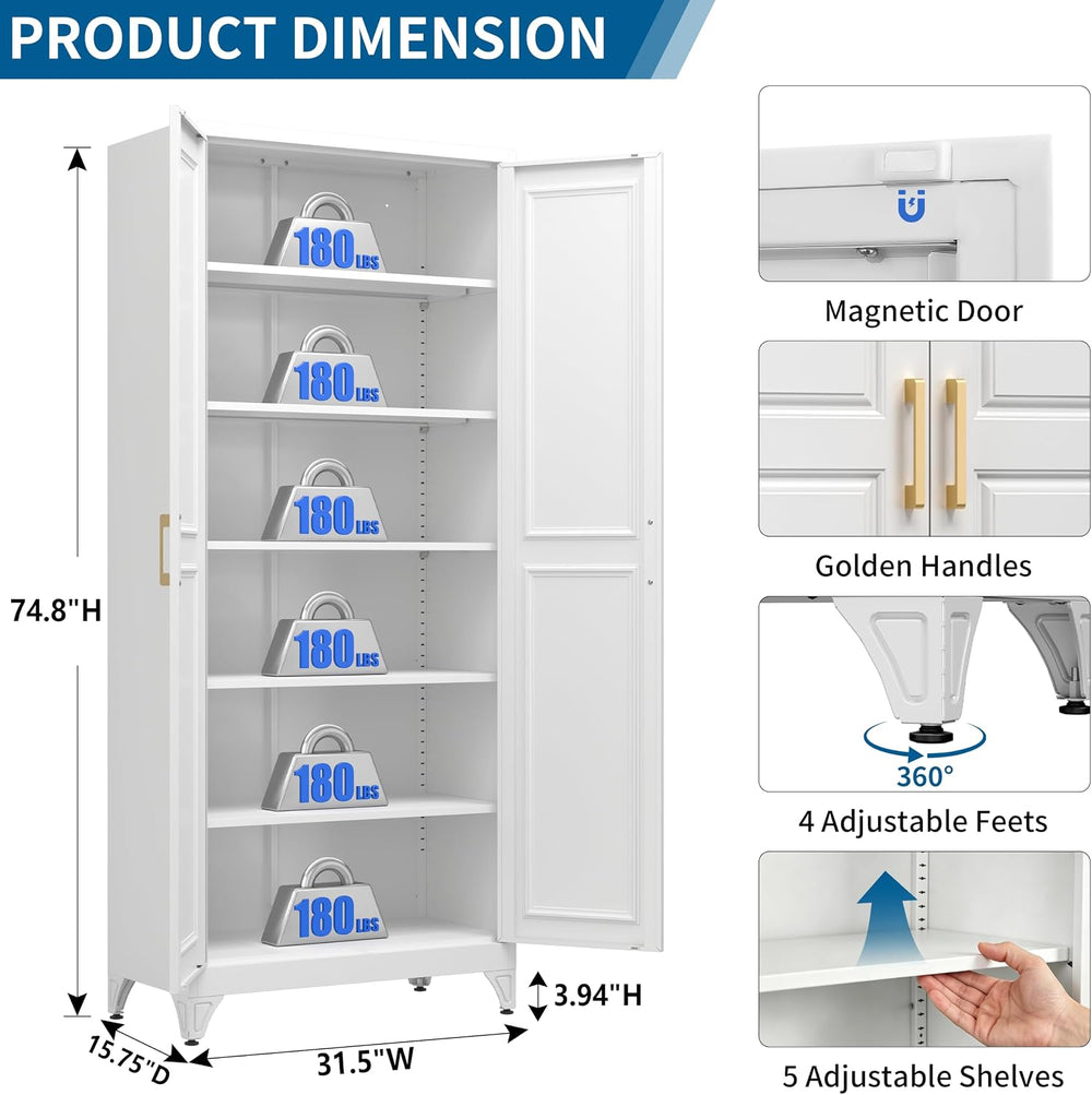 75" White Metal Storage Cabinet with Doors, Heavy Duty