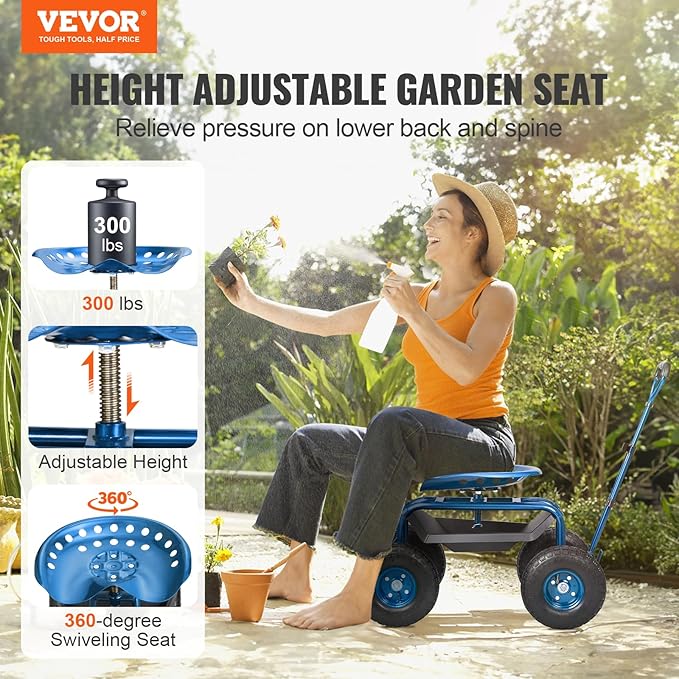VEVOR Garden Cart Rolling Workseat with Wheels, Gardening Stool for Planting,...