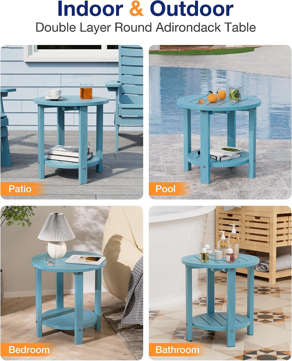 YEFU Adirondack Side Table, 16in Round, 2-Tier Storage End Table, Blue