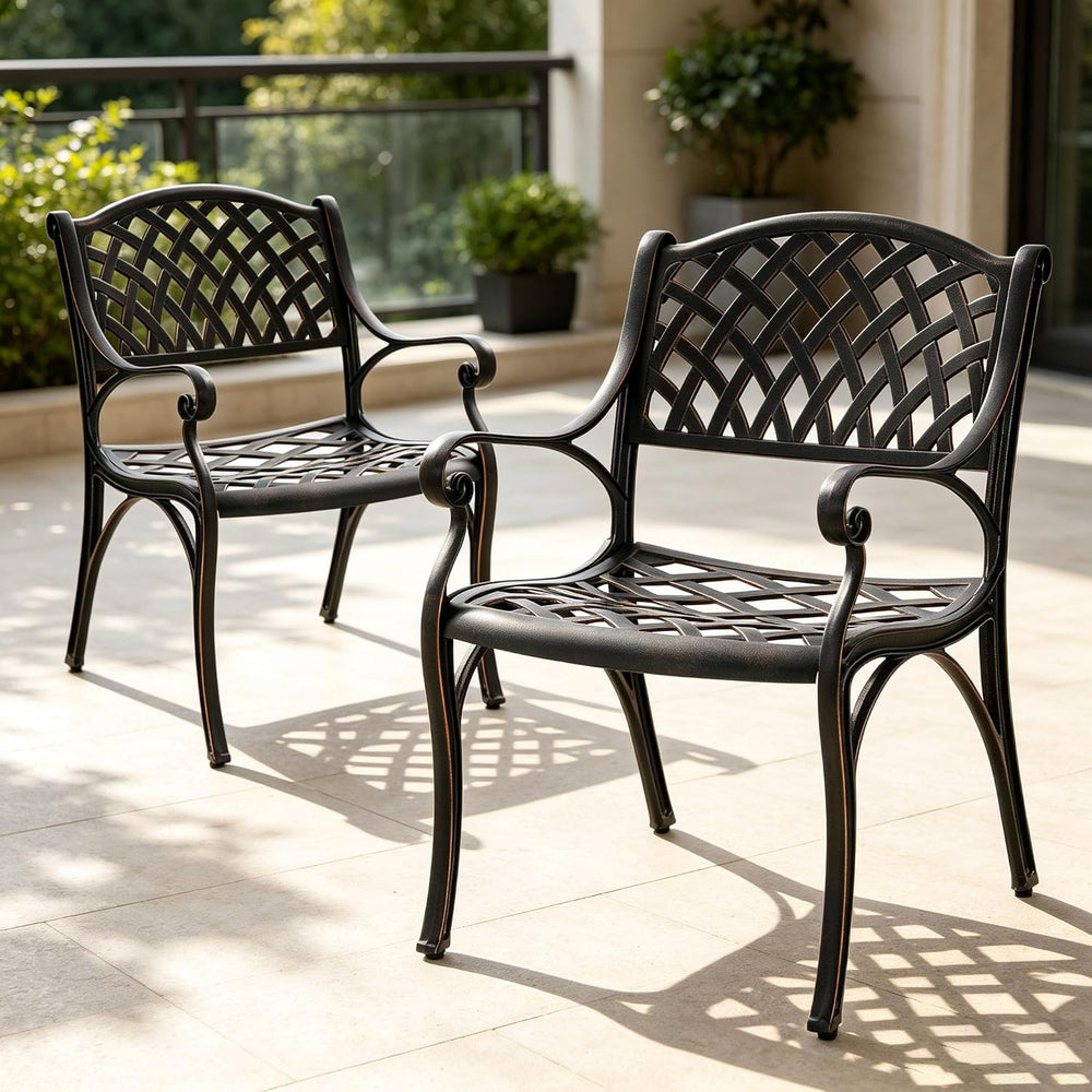 Outdoor Cast Aluminum Chairs Set of 2, Patio Dining Chair with Armrest, All-W...
