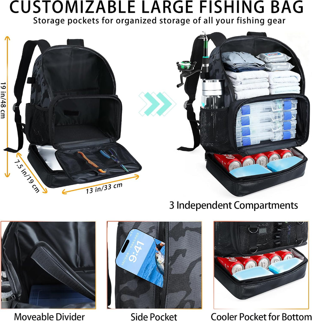 Fishing Backpack with Tackle Boxes and Rod Holder, Cooler, 30L Large Tackle B...