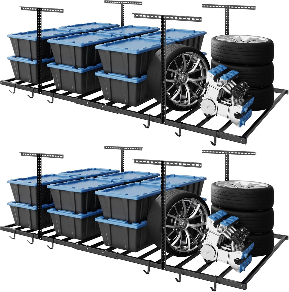 FLEXIMOUNTS 4x8 Overhead Garage Storage Rack with 6 Hooks, 2 Pack, Black