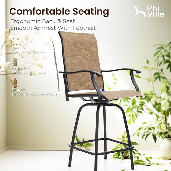 PHI VILLA Outdoor Patio Bar Set of 6, Patio Bar Table and Chair Set with Text...
