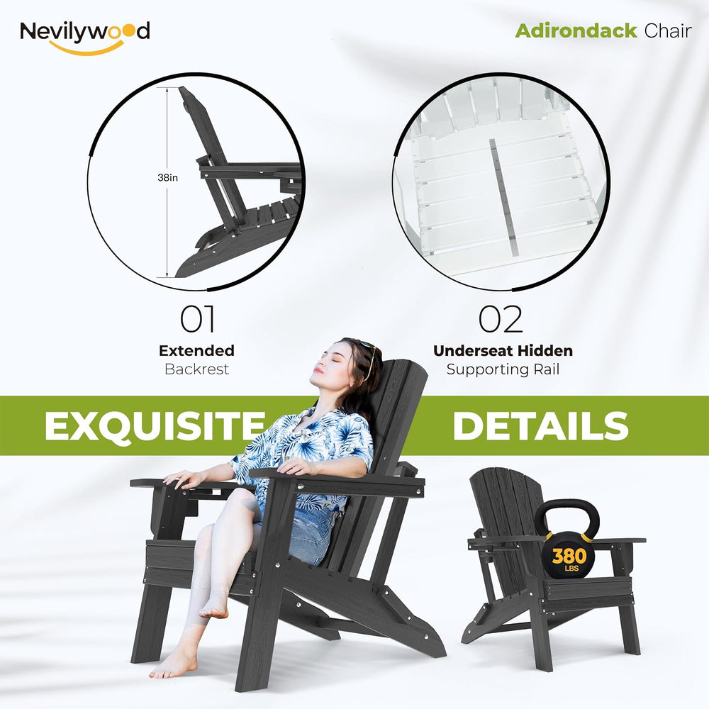 NevilyWood Adirondack Chair, HDPE Folding Outdoor Chair, Black