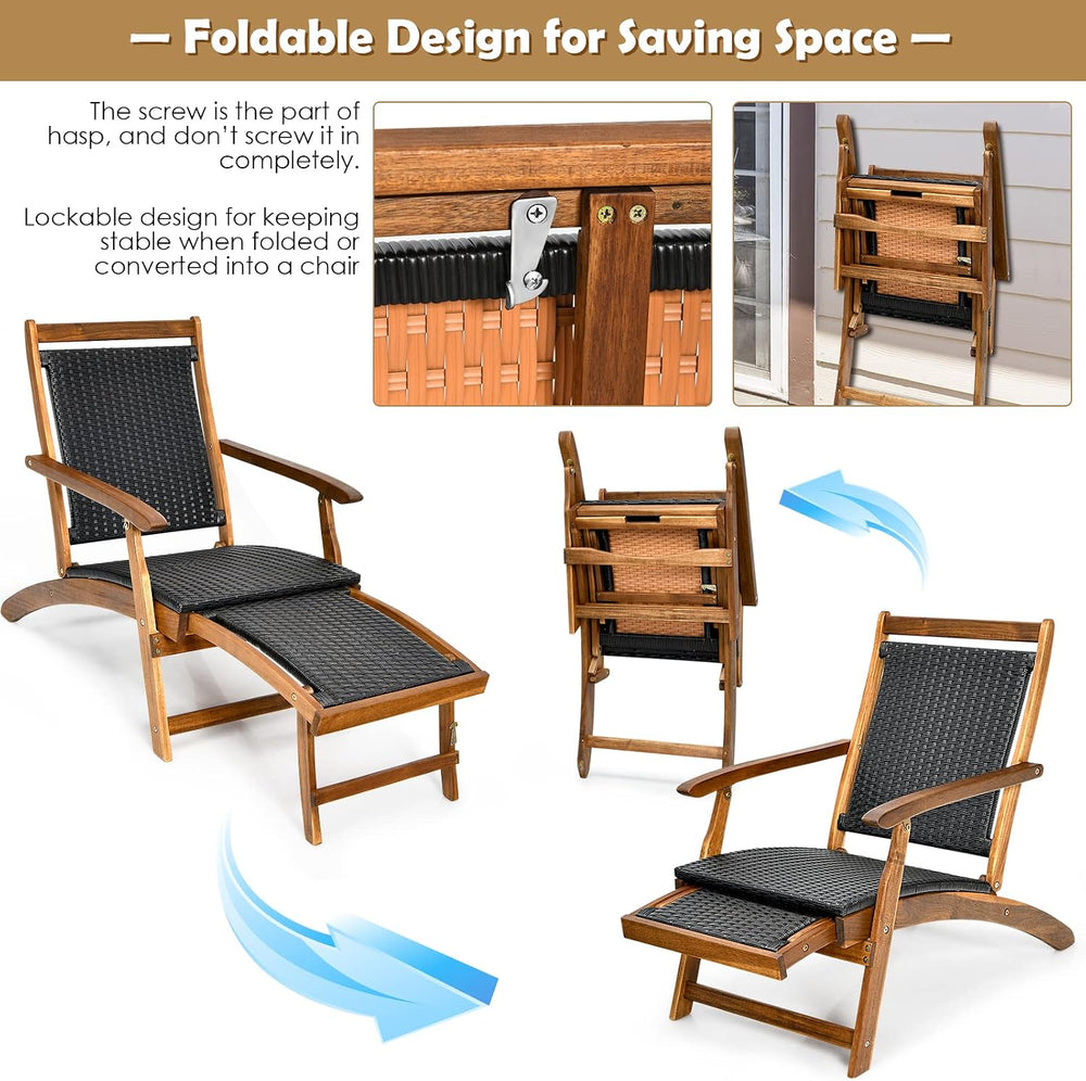 COSTWAY Patio Folding Rattan Lounge Chair, Acacia Solid Wood Frame