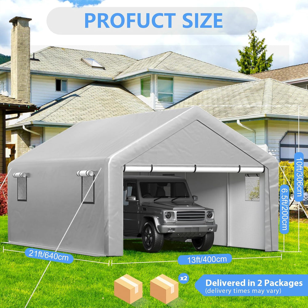 Jocoevol Carport 13x21 FT Enclosed Carport with Roll-up Windows, Removable Si...
