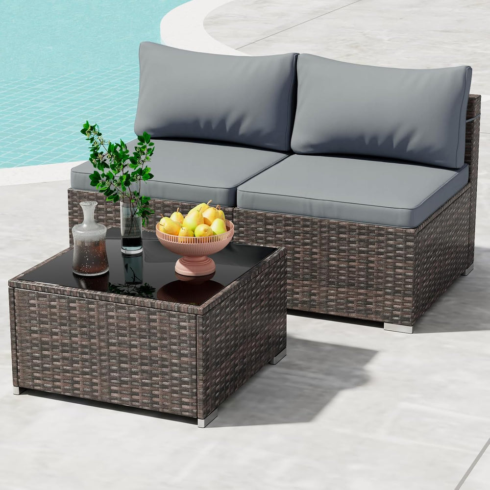 3 Piece Patio Furniture Set, Outdoor Wicker Patio Sofa Set, PE Rattan Section...