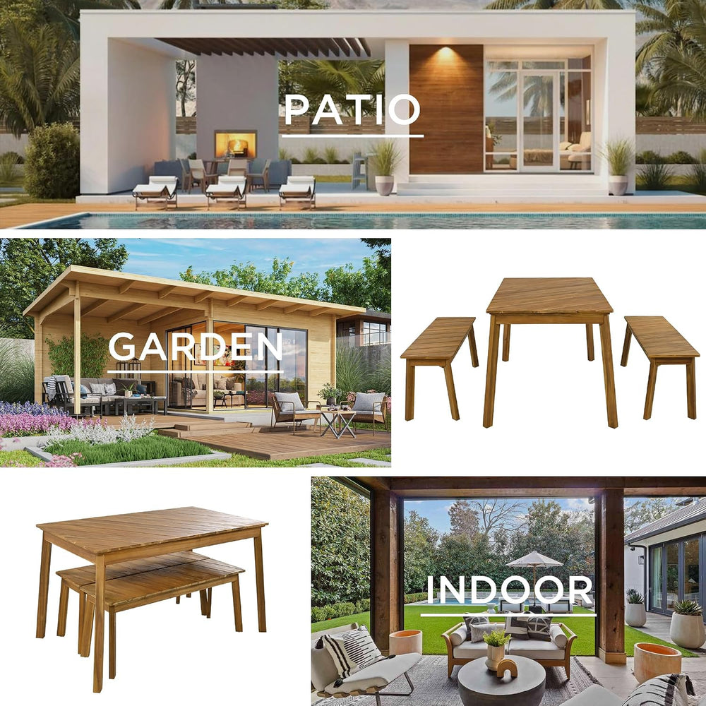 3 Pieces Patio Dining Set, Outdoor Acacia Wood Table and 2 Benches, Outdoor D...