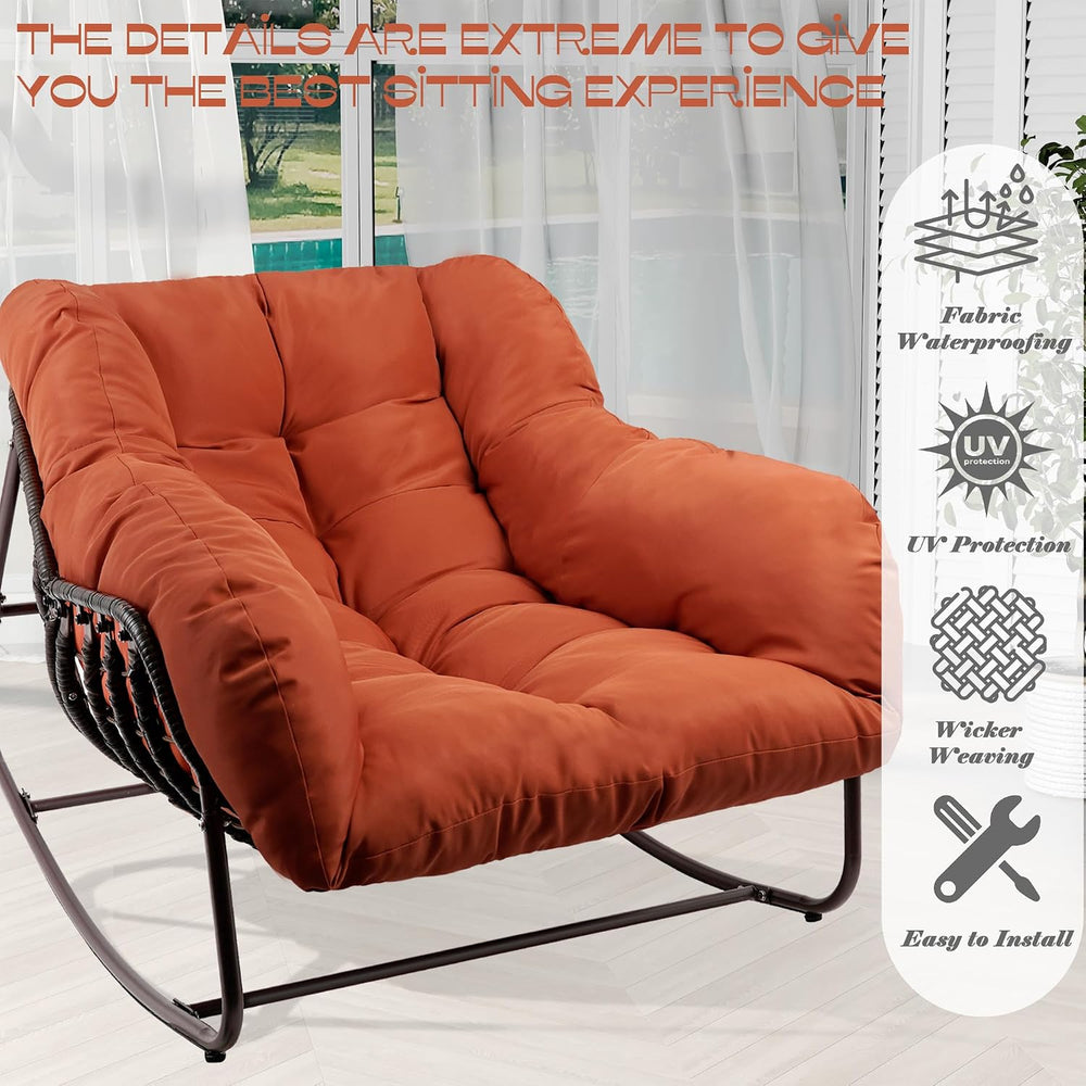 Outdoor Papasan Rocking Chair, Oversized Patio Rocking Chairs with Padded Cus...