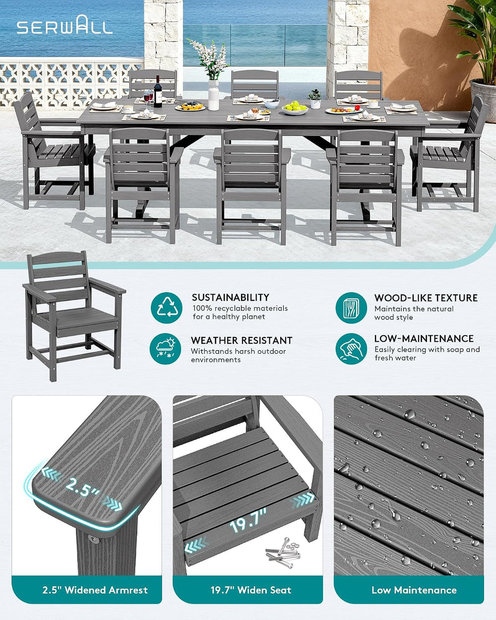 SERWALL 10Pcs 84" HDPE Outdoor Dining Set w/Armchairs & Umbrella,Gray