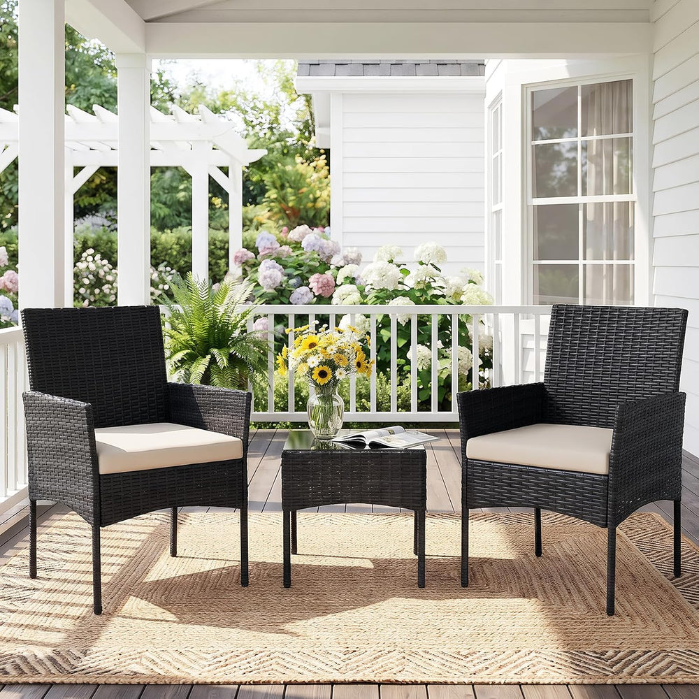 Sweetcrispy 3-Piece Patio Furniture Set, Outdoor Wicker Furniture, Black