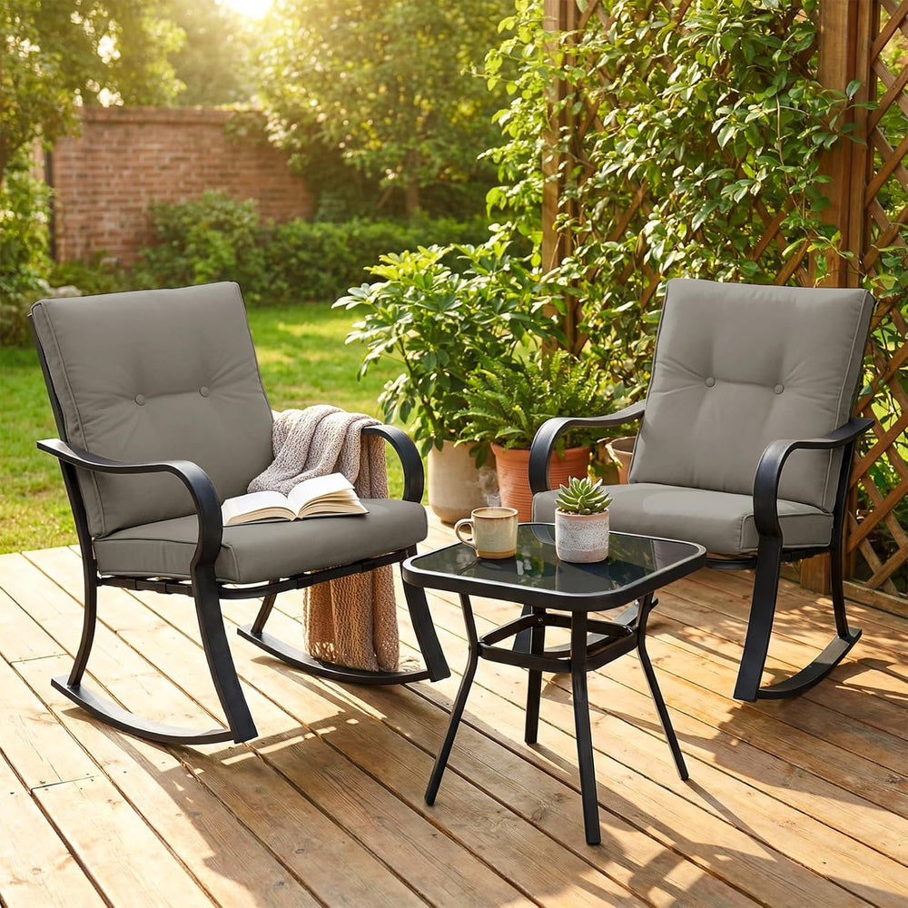3 PCS Outdoor Rocking Chair Set for Patio, Outdoor Rocking Chair with Cushion...