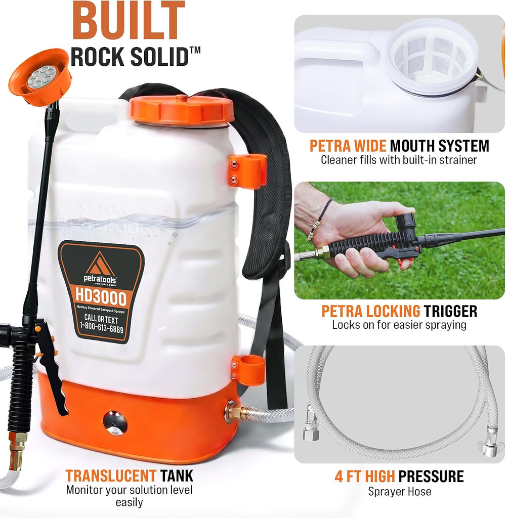 PetraTools 3 Gallon Battery Powered Backpack Sprayer - 2.5 Hour Runtime
