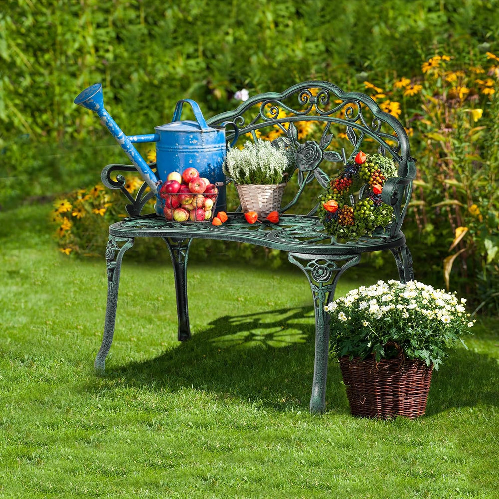 VINGLI 38.5" Patio Park Garden Outdoor Metal Rose Bench, 2-Person Cast I...