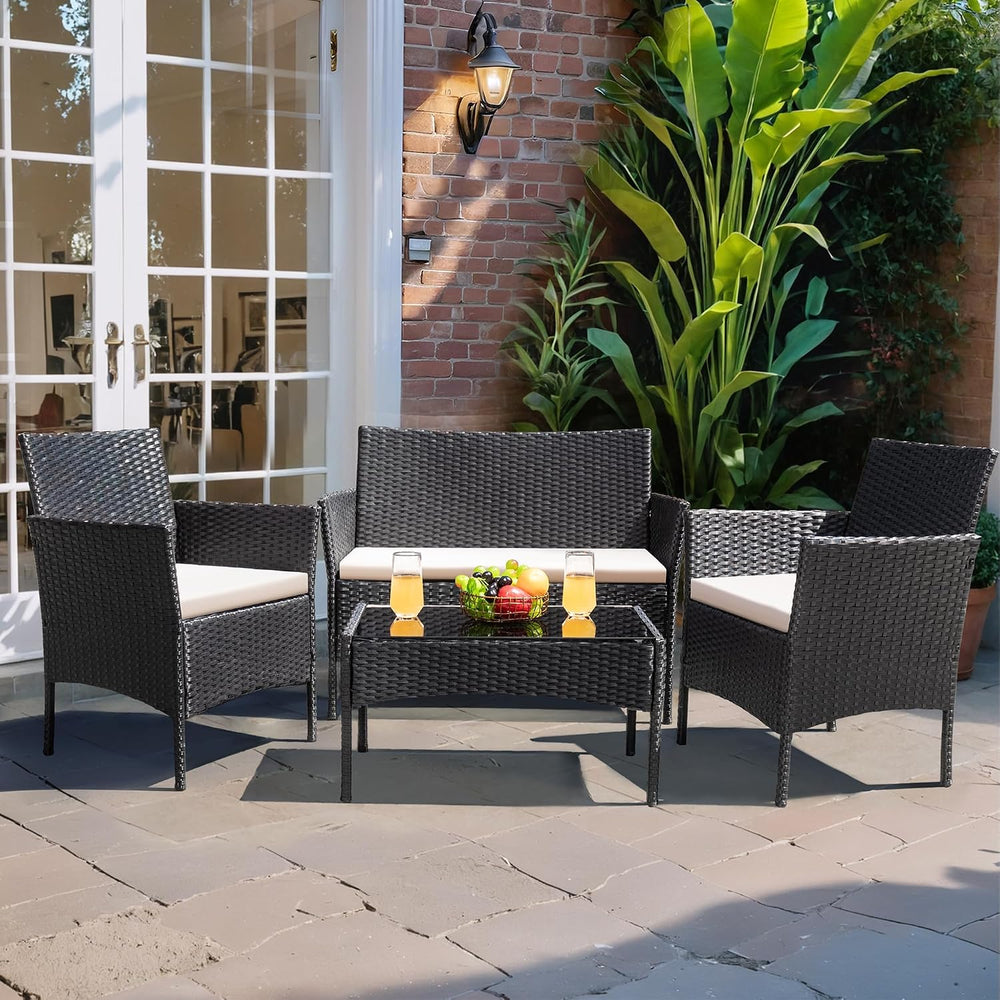 Greesum 4 Pieces Patio Furniture Conversation Sets,Black and Beige