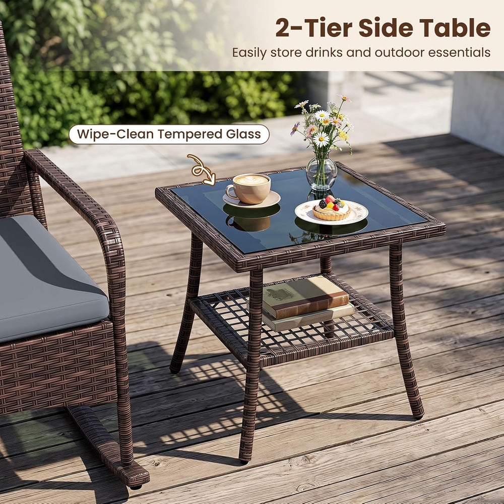 Tangkula 3-Piece Outdoor Wicker Rocking Bistro Set with 2-Tier Coffee Table