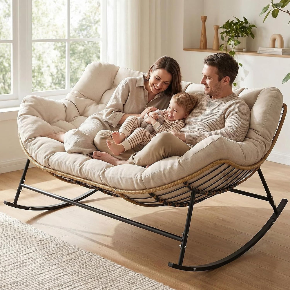 SWITTE Double Outdoor Papasan Rocking Chair with Thick Cushion, Khaki