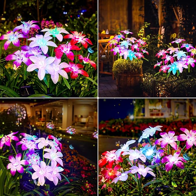 Solar Garden Lights Outdoor, 8 Pack Blooming Lily Solar Flowers Outdoor Water...