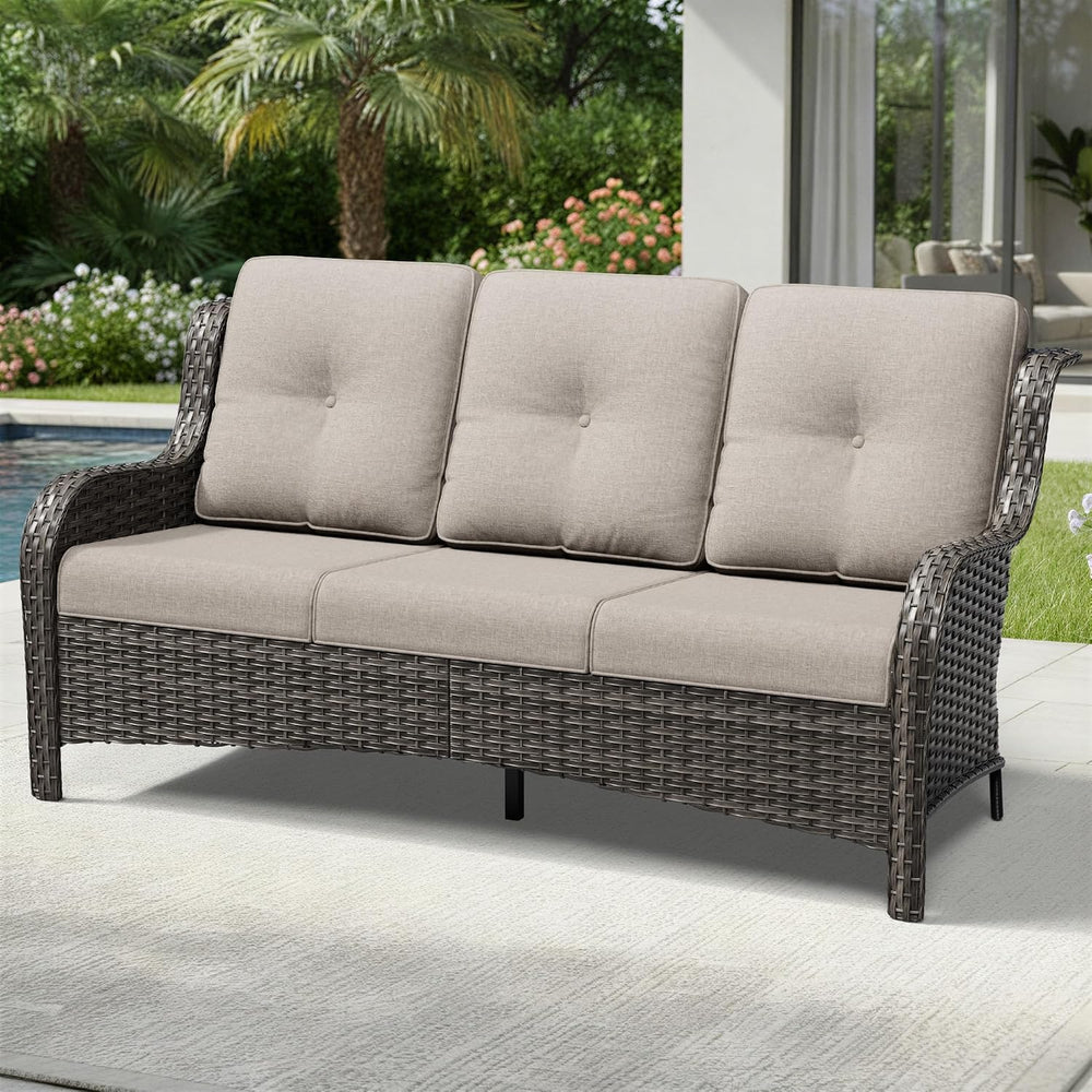 Outdoor Patio Couch, 3 Seater Outdoor Wicker Sofa with High Back, Deep Seatin...