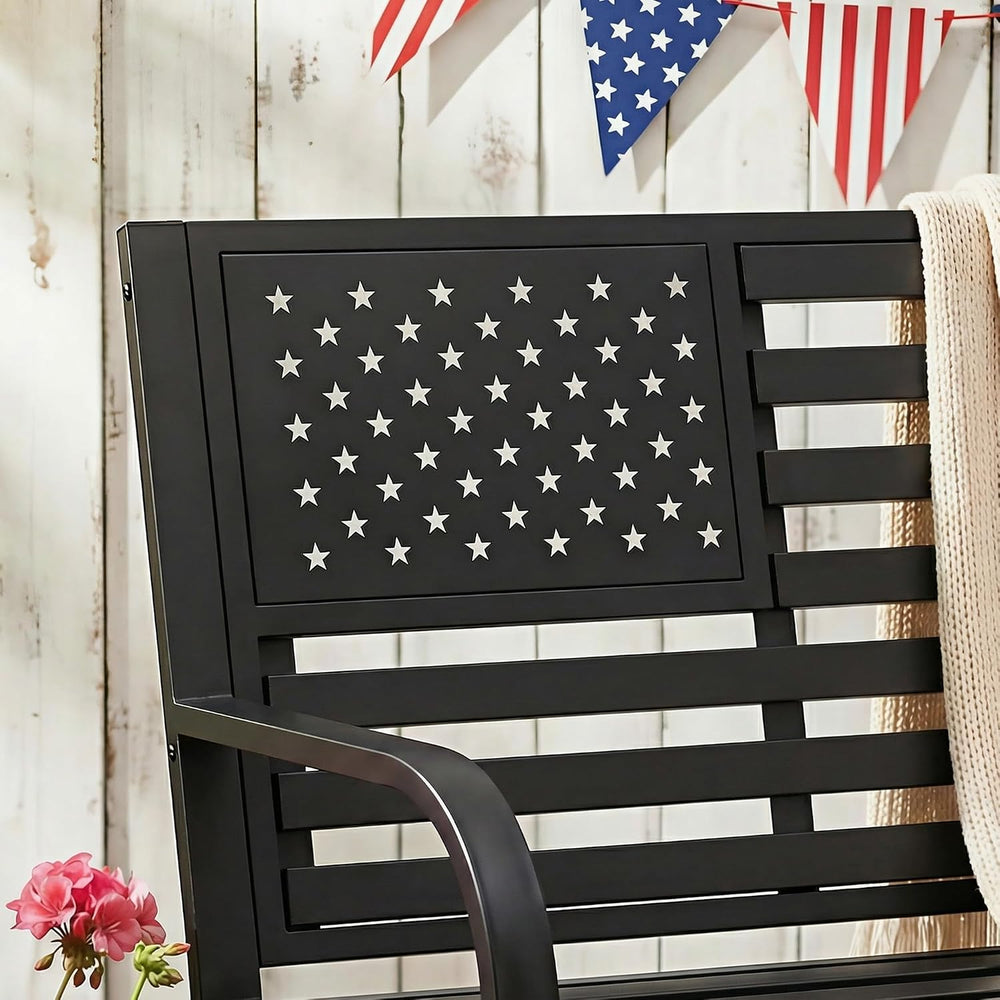 50" Garden Bench Outdoor Bench with American Flag Style, Cast Iron Metal...