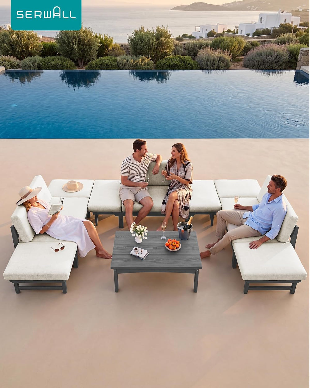 SERWALL HDPE 4-in-1 Convertible Outdoor Sofa with Adjustable Armrests, Couch ...