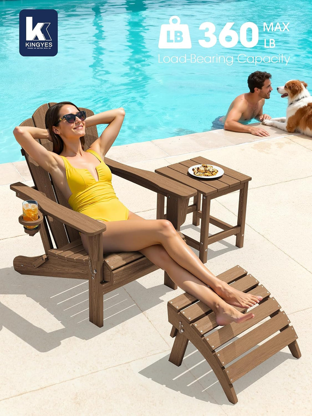 KINGYES Folding Adirondack Chair Set of 2 with Cup Holder, Brown